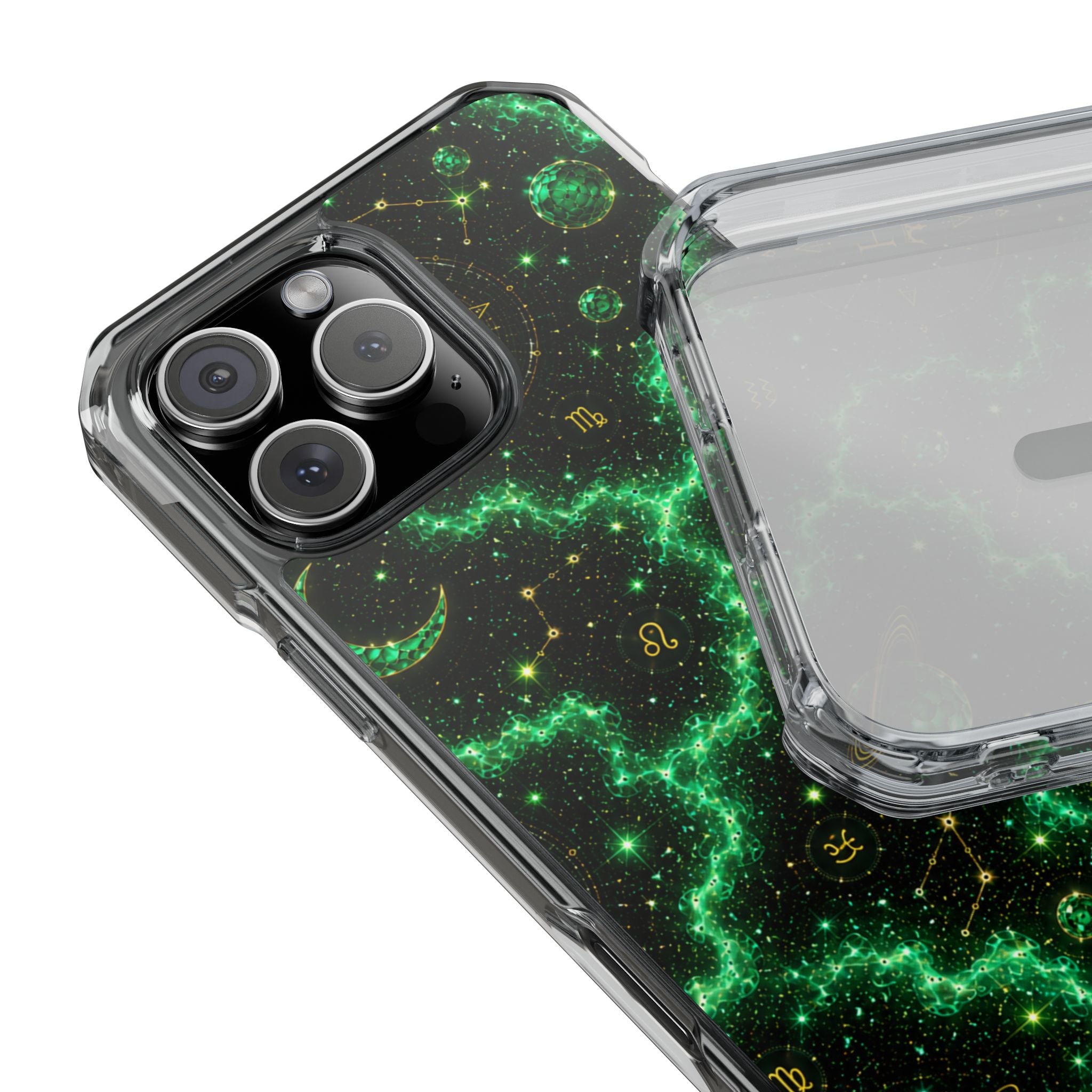 Clear Magnetic Phone Case — Neon Green Galaxy Planets Design