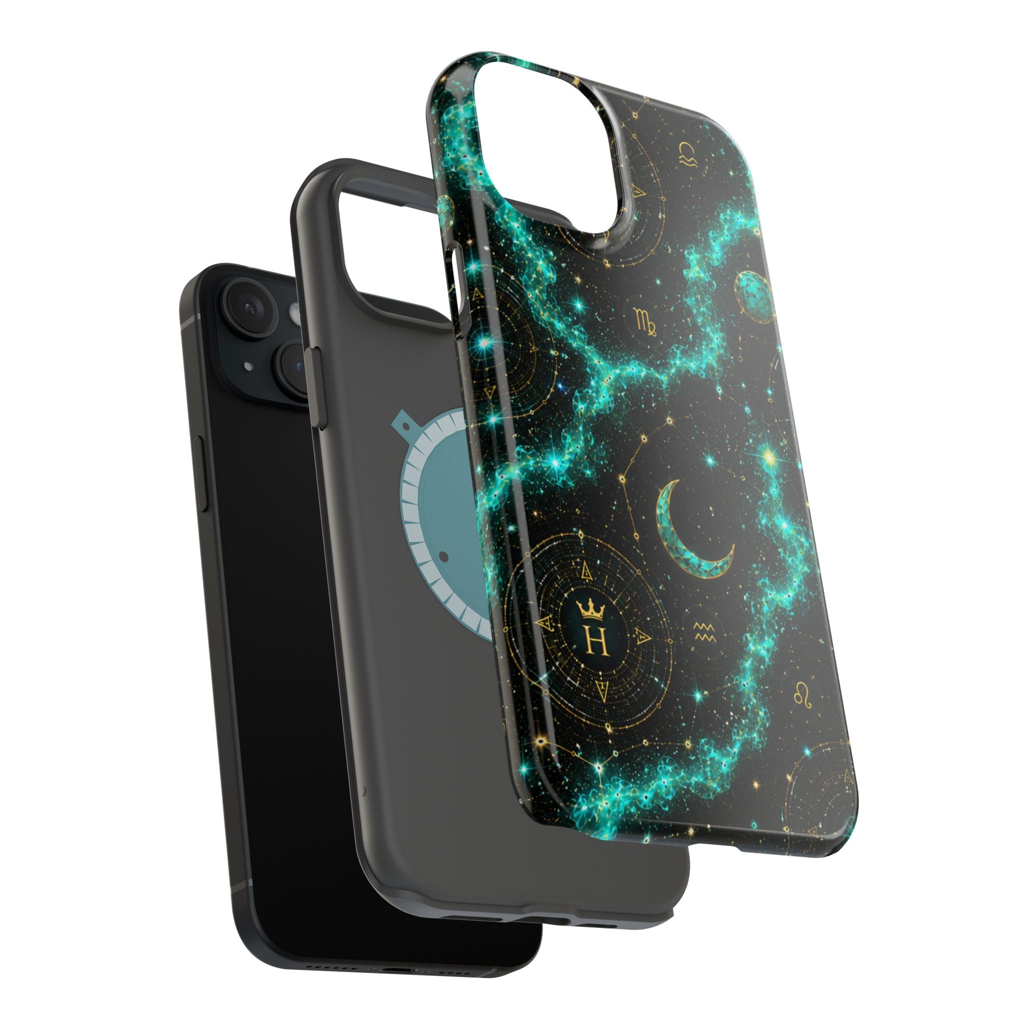 Astrology Constellation Magnetic Phone Case — Impact‑Resistant, Teal Nebula Moon & Zodiac Design