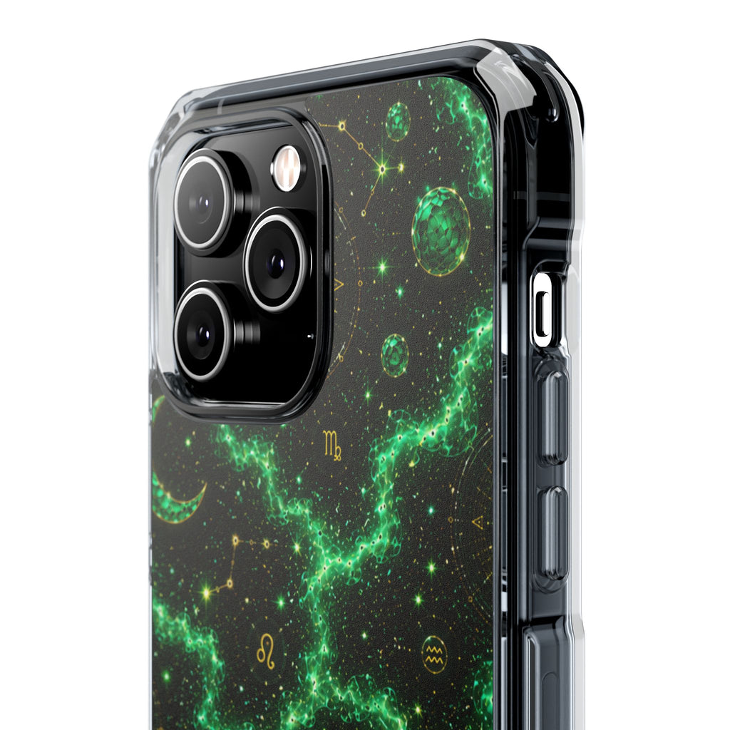Clear Magnetic Phone Case — Neon Green Galaxy Planets Design