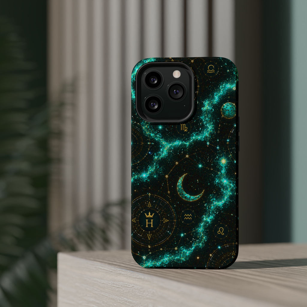 Astrology Constellation Magnetic Phone Case — Impact‑Resistant, Teal Nebula Moon & Zodiac Design