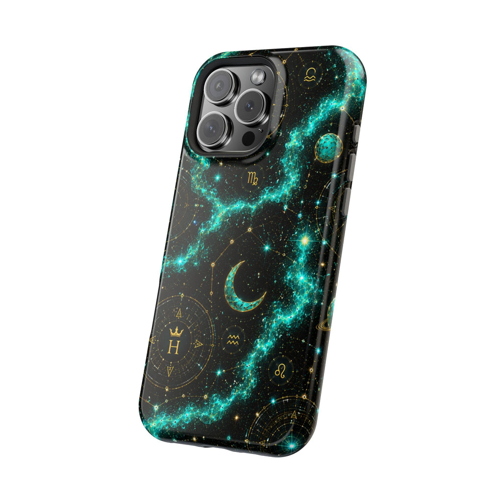 Astrology Constellation Magnetic Phone Case — Impact‑Resistant, Teal Nebula Moon & Zodiac Design