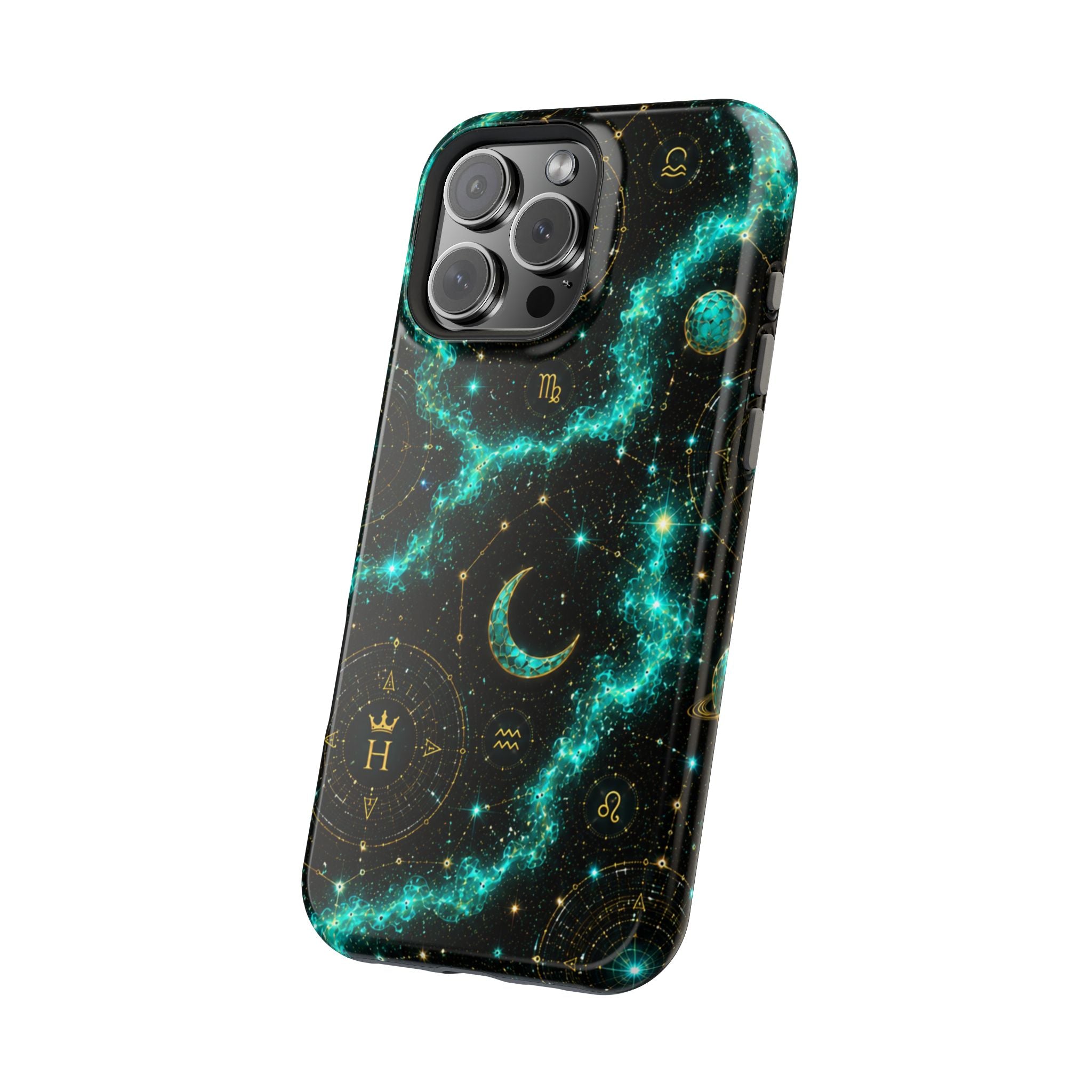 Astrology Constellation Magnetic Phone Case — Impact‑Resistant, Teal Nebula Moon & Zodiac Design