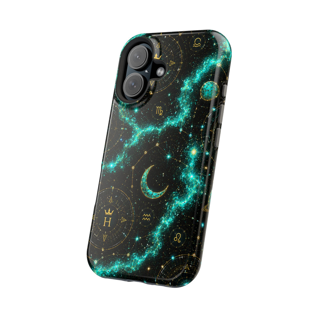 Astrology Constellation Magnetic Phone Case — Impact‑Resistant, Teal Nebula Moon & Zodiac Design
