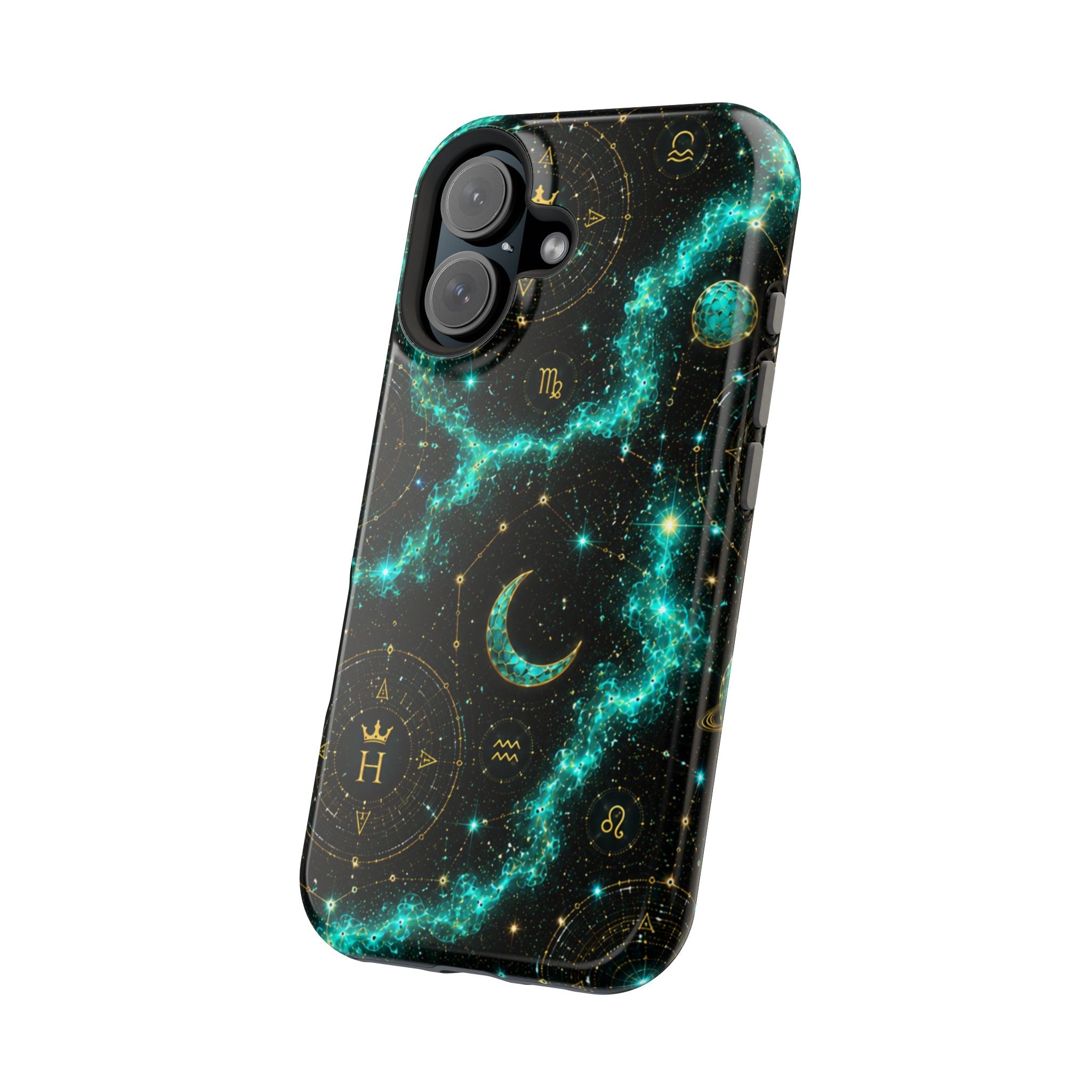 Astrology Constellation Magnetic Phone Case — Impact‑Resistant, Teal Nebula Moon & Zodiac Design