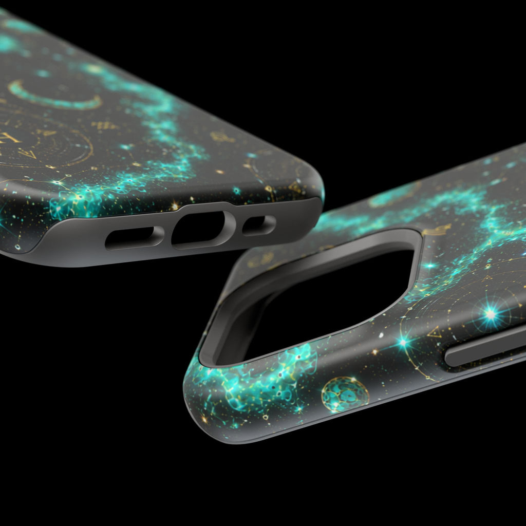Astrology Constellation Magnetic Phone Case — Impact‑Resistant, Teal Nebula Moon & Zodiac Design