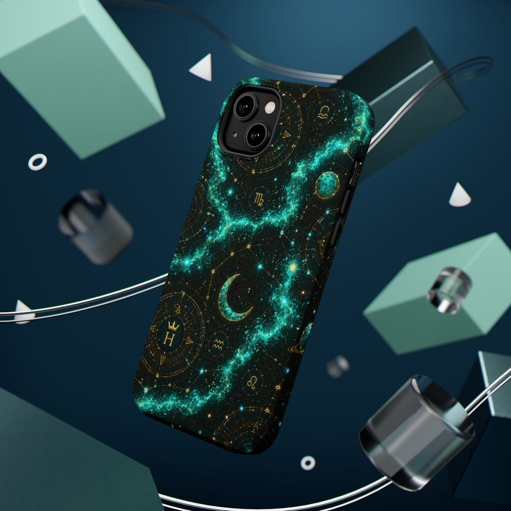 Astrology Constellation Magnetic Phone Case — Impact‑Resistant, Teal Nebula Moon & Zodiac Design