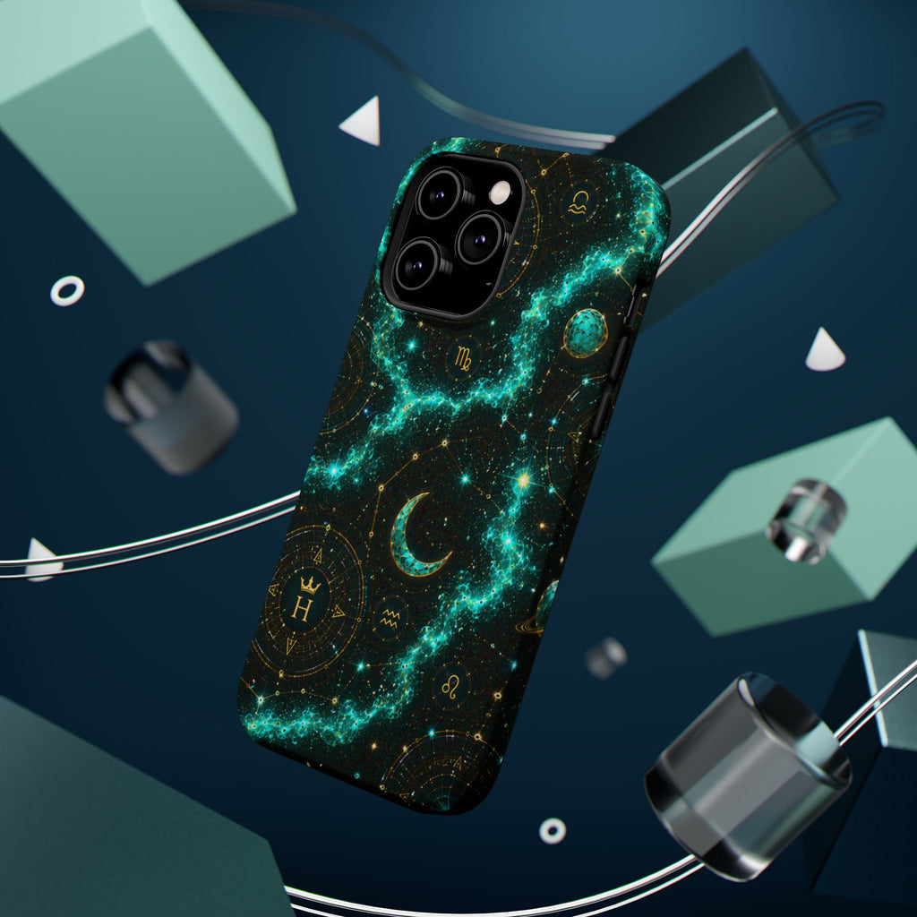 Astrology Constellation Magnetic Phone Case — Impact‑Resistant, Teal Nebula Moon & Zodiac Design