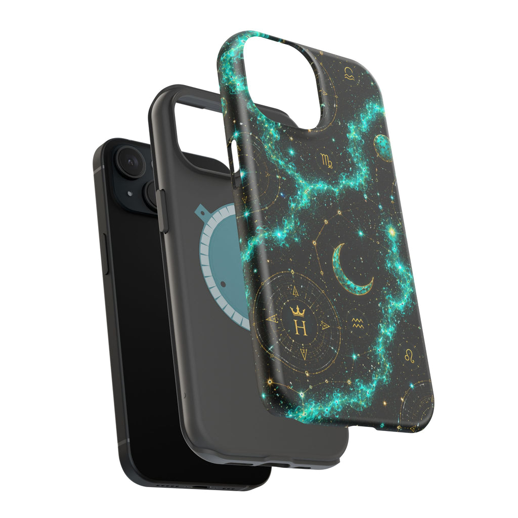 Astrology Constellation Magnetic Phone Case — Impact‑Resistant, Teal Nebula Moon & Zodiac Design
