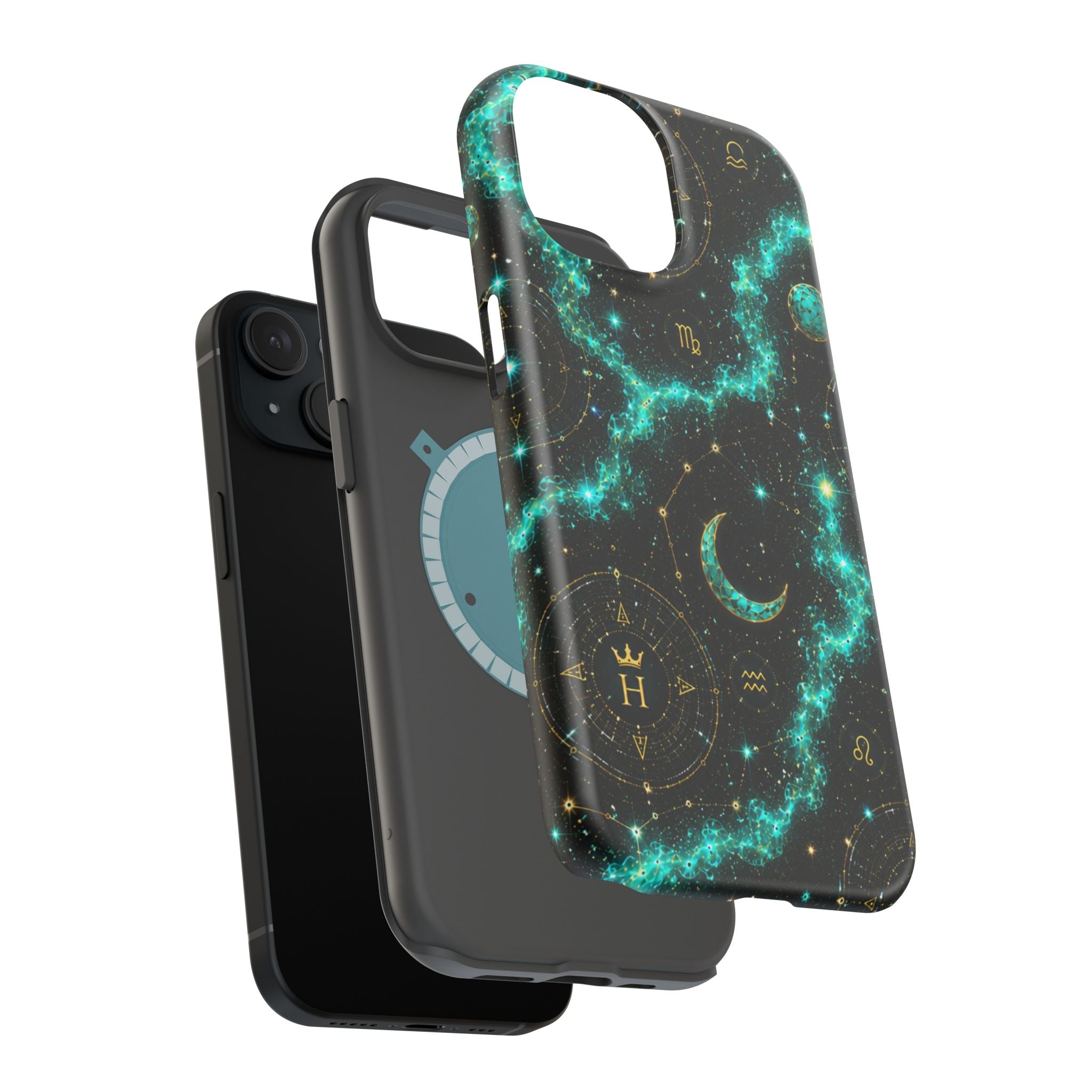 Astrology Constellation Magnetic Phone Case — Impact‑Resistant, Teal Nebula Moon & Zodiac Design