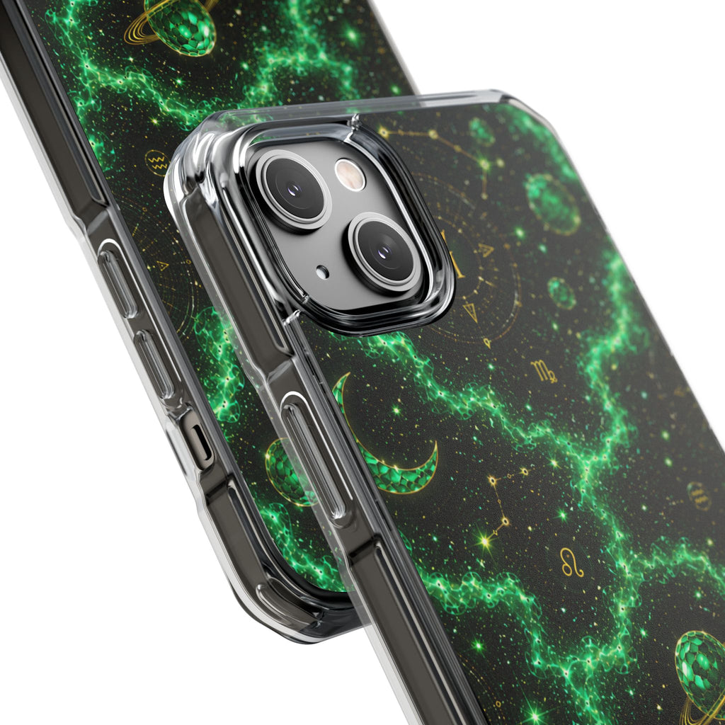 Clear Magnetic Phone Case — Neon Green Galaxy Planets Design
