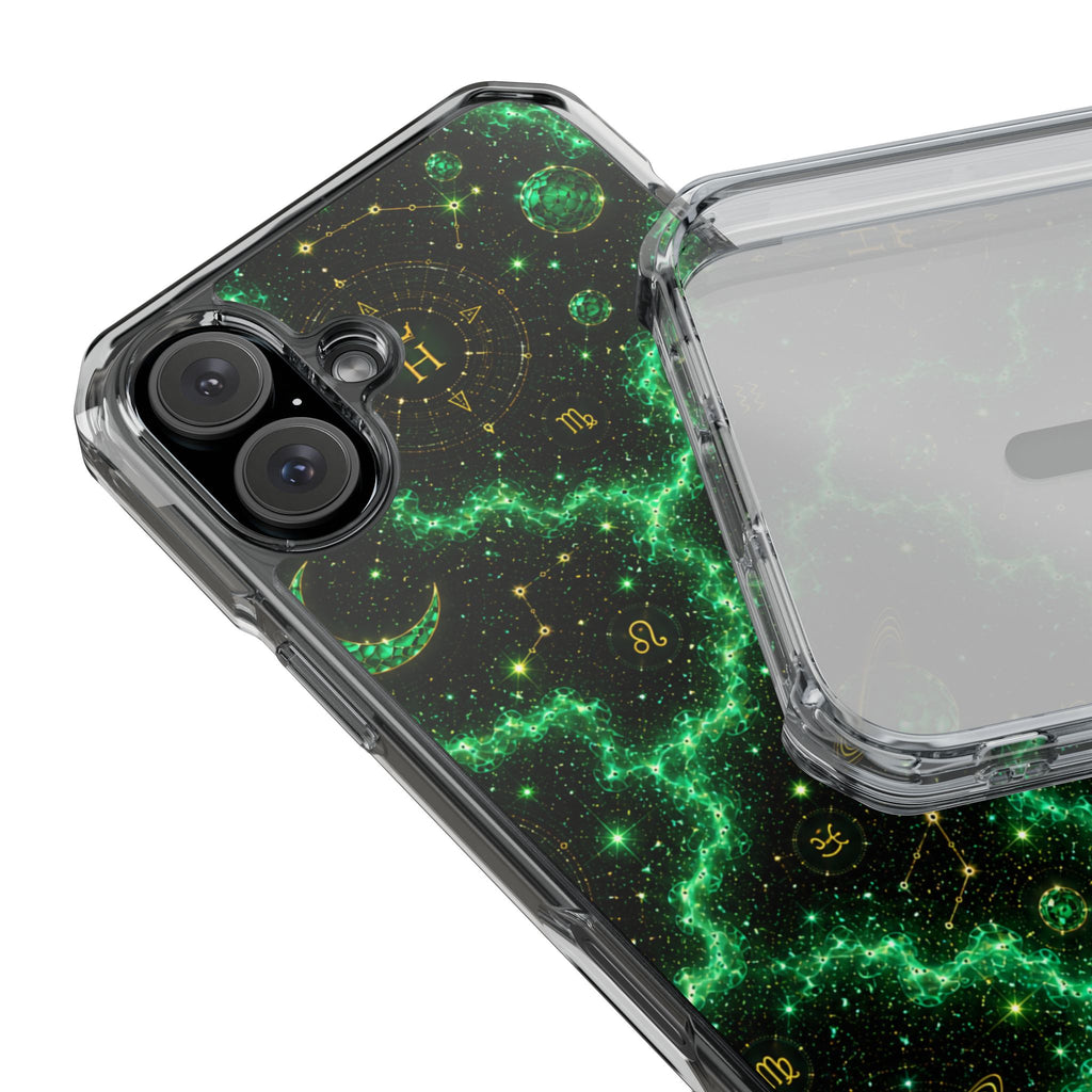 Clear Magnetic Phone Case — Neon Green Galaxy Planets Design