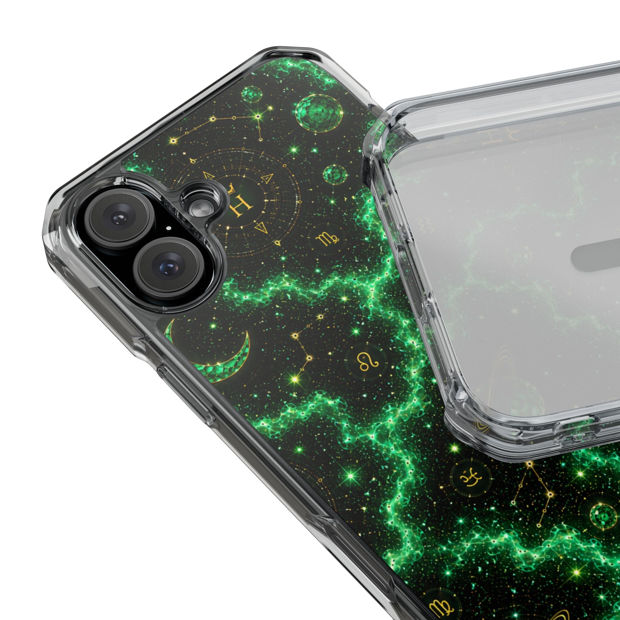 Clear Magnetic Phone Case — Neon Green Galaxy Planets Design